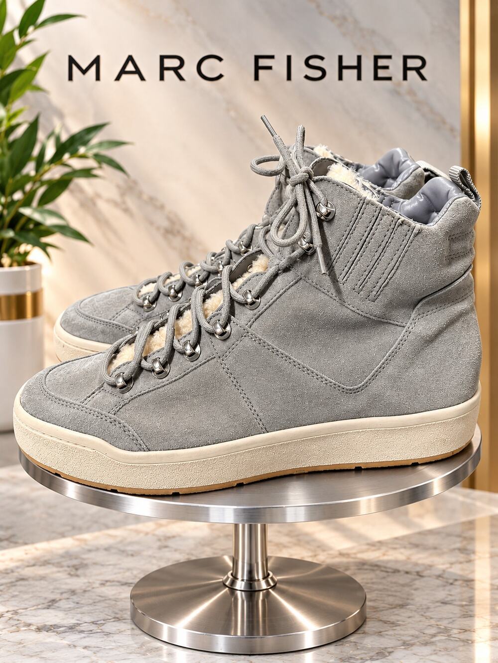 Marc Fisher LTD Mally Gray Leather Faux Fur High Top Sneakers Women’s 11M